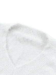 Plus Size V-Neck Studded Solid Color Sweater, Casual Autumn/Winter - White - View 5