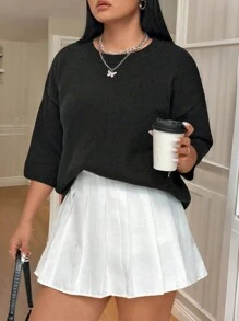 Calvaya Suéter holgado de cuello redondo, de manga corta y tejido para mujer de talla grande, adecuado para otoño/invierno