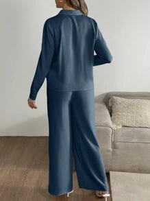 SHEIN 2 件套孕妇简约纯色长袖褶皱上衣和裤子套装 - 藍色 - 查看 2