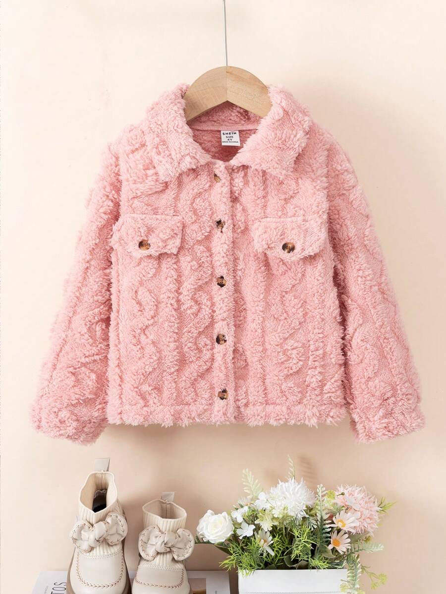 SHEIN Kleine Mädchen Jacquard Fleece Kapuzenjacke für Herbst und Winter, lässiger Stil