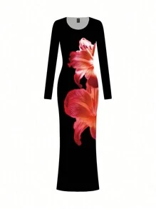 myriadwaveart Artist Y2K 浪漫假期百合花卉印花性感修身长袖连衣裙，凸显身材，适合秋冬季，适合感恩节、节日、派对 - 彩色 - 查看 1