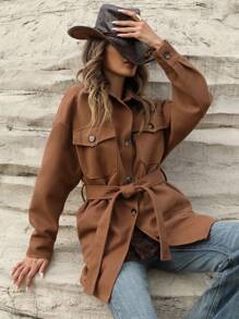 EMERY ROSE Women 1pc Autumn Casual Solid Color Shirt-Style Overcoat With Belt, Fall Clothes - Coffee Brown - View 7