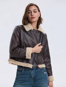 Zipped Pocket Accent Short Fluffy Lining Long Sleeve Jacket - Brown - View 4