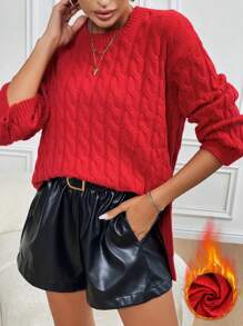 Chiquease 女士宽松落肩酒红色毛衣，圣诞节，冬季，针织套头衫 - 紅色 - 查看 1