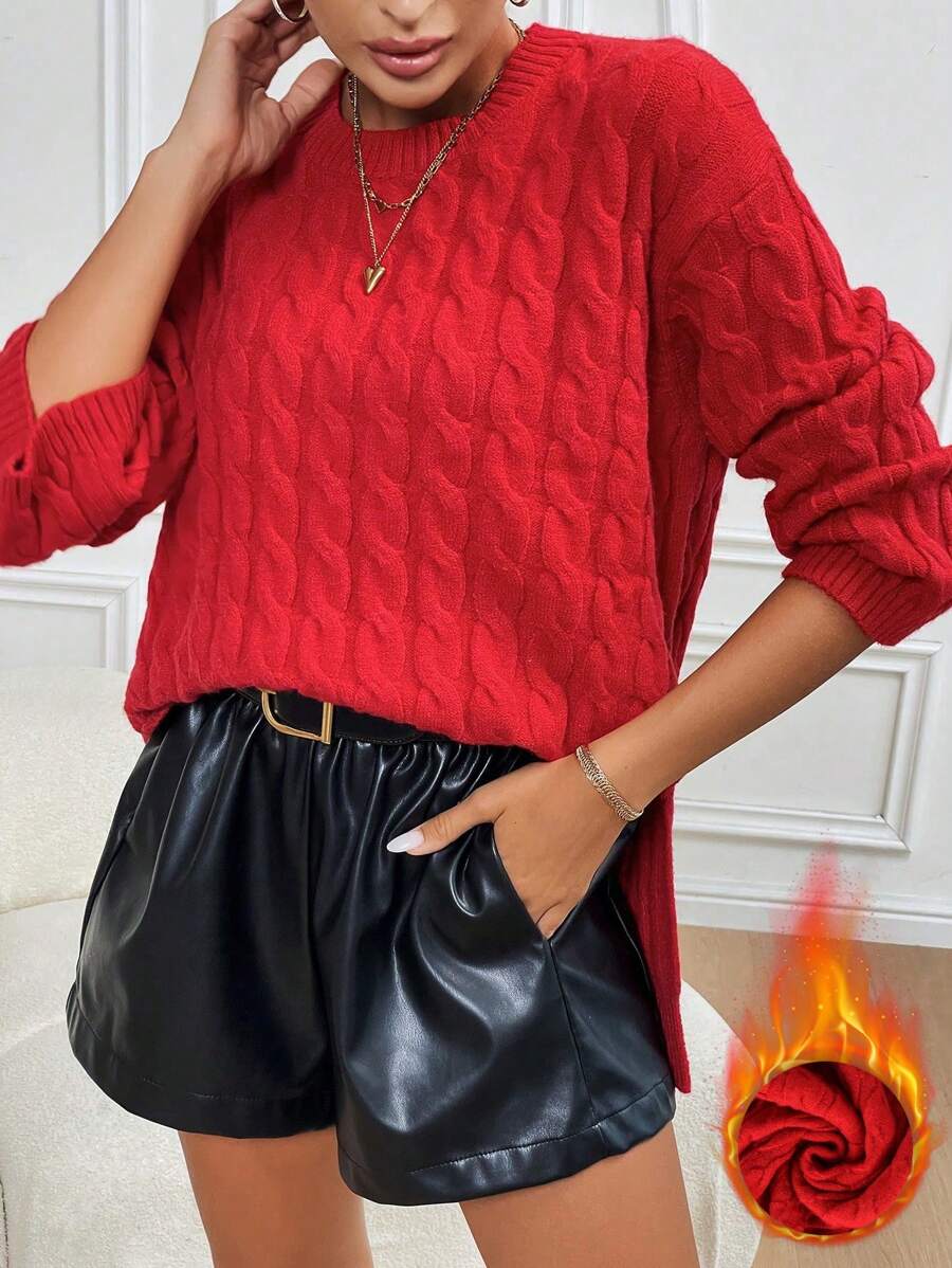 Chiquease 女士宽松落肩酒红色毛衣，圣诞节，冬季，针织套头衫 - 紅色 - 查看 1