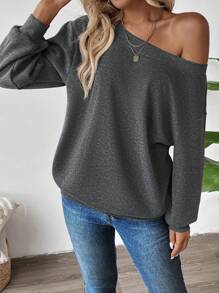 SHEIN LUNE Asymmetrical Shoulder Long Sleeve Gray Sweatshirt Pullover Fall - Grey - View 1