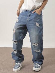 Manfinity EMRG Men's Casual Loose Fit Wide Leg Jeans With Ripped Details And Pockets, Baggy Jeans Men, Ripped Baggy Jeans, Oversized Jeans Men, Men Ripped Jeans, Men Jeans - Medium Wash - View 5