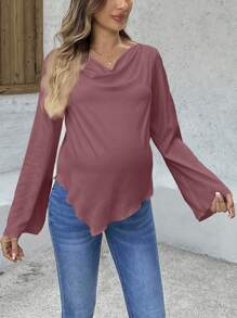 SHEIN Umstandsbluse mit einfarbiger Kuhhalskragen, Glockenärmel und abgerundetem Saum - Wassermelonenrosa - Übersicht 4