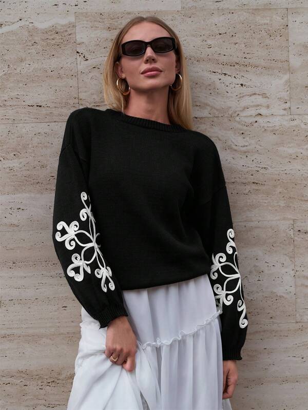 EURMUSE Suéter informal de manga larga con detalles bordados de patrón floral de color de contraste