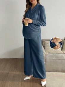 SHEIN 2 件套孕妇简约纯色长袖褶皱上衣和裤子套装 - 藍色 - 查看 1
