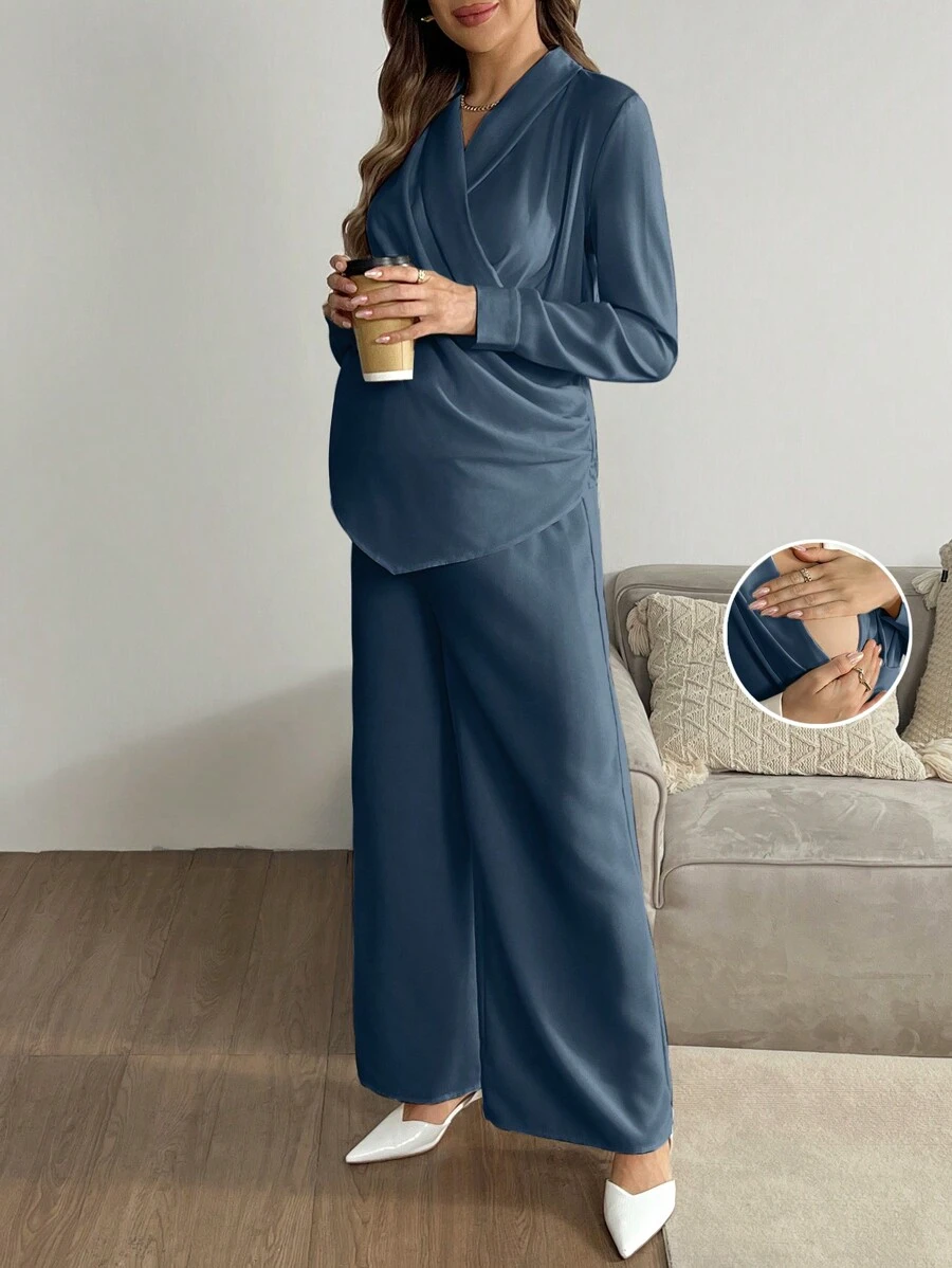 SHEIN 2 件套孕妇简约纯色长袖褶皱上衣和裤子套装 - 藍色 - 查看 1