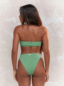 MISSGUIDED Ribbed Bandeau Bikini Set With Gold Ring Detail Resort Swimwear High Cut Bottom Summer Beach Swimming Pool Vacation Beachwear - Green - View 2