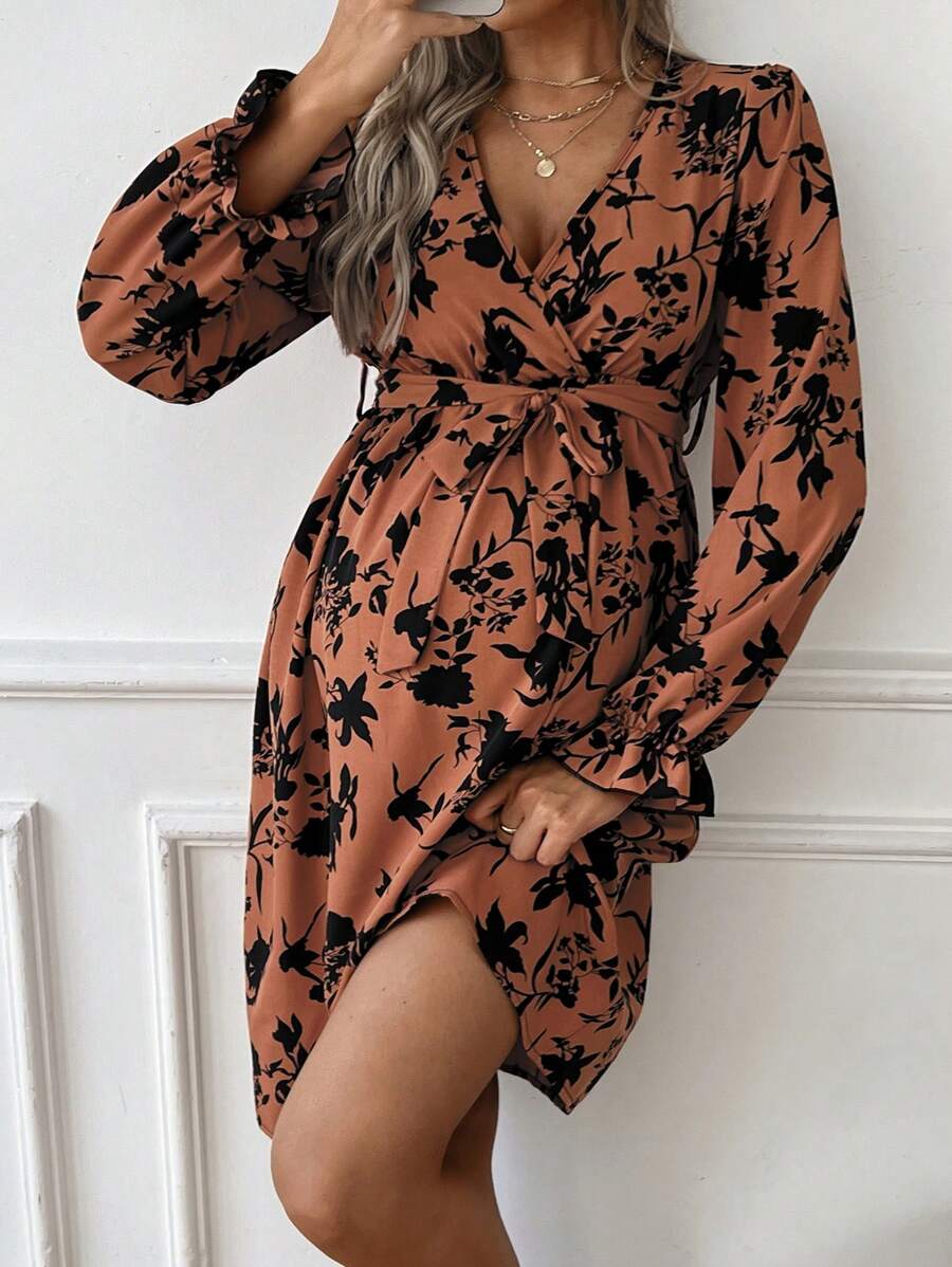 SHEIN Maternity Casual Floral All-Over Print Midi Long Sleeve Dress, Midi Dress, Autumn - Burnt Orange - View 1