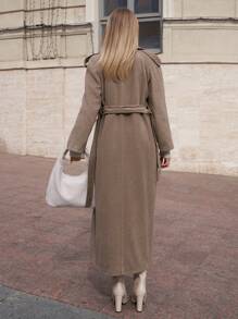 RueChic Plain Front Button Long Sleeve Pockets Simple Long Casual Jacket - Beige - View 6