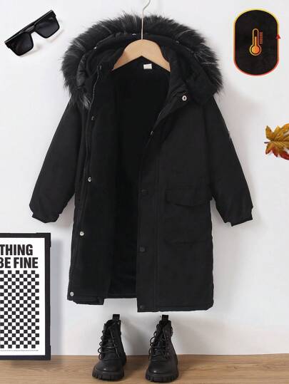 SHEIN Młody chłopiec Casual Warm Długi Kaptur Parka Płaszcz Z Kołnierzem Futrzanym, Nadaje Się Na Jesienią/Zimą Narciarstwo, Odzież Wierzchnia, Wygodny i Ciepły Materiał, Stylowy Design Streetwear