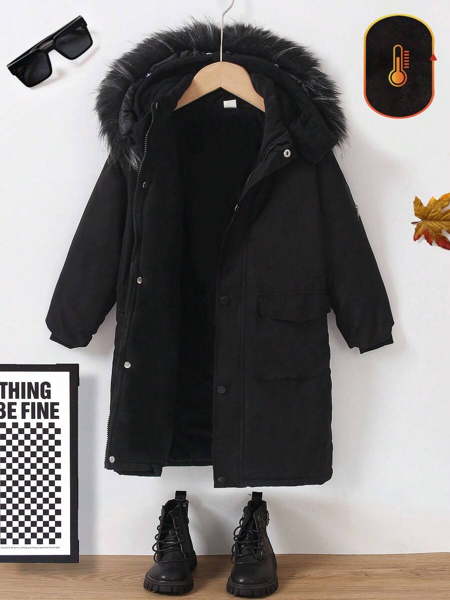 SHEIN Young Boy Casual Warm Long Hooded Parka Coat With Fur Collar, Suitable For Autumn/Winter Ski, Outerwear, Comfortable & Warm Material, Stylish Streetwear Design