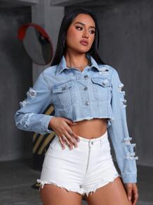 SHEIN Tall Casual Frayed Button-Up Distressed Washed Denim Jacket, Autumn - Light Wash - View 1