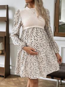 SHEIN Vestido largo de manga larga de uso casual con estampado floral y parches para embarazo, vestido de lactancia, otoño
