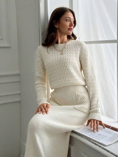 EURMUSE 2pcs Vintage Versatile Crew Neck Long Sleeve Knit Sweater + Elastic Waist Mid-Length Skirt Set