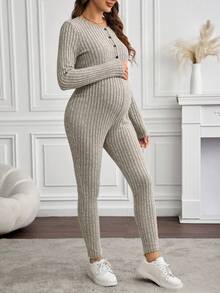 SHEIN 2pcs/Set Maternity Casual Solid Color Ribbed Camisole Jumpsuit And Single-Breasted Cardigan T-Shirt - Apricot - View 5
