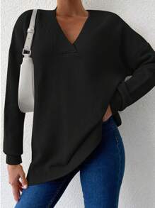 EURMUSE Solid V Neck Drop Shoulder Sweater - Black - View 4