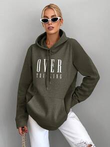 RueChic Sudadera Con Capucha De Manga Larga Con Cordón Y Estampado De Texto Distante - Verde Oliva - Ver 5