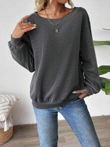 SHEIN LUNE Asymmetrical Shoulder Long Sleeve Gray Sweatshirt Pullover Fall - Grey - View 4