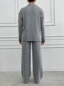 SHEIN Cottnline 2pcs Autumn Casual Ribbed Lapel Double-Breasted Cardigan And Pants Set - Grey - View 2