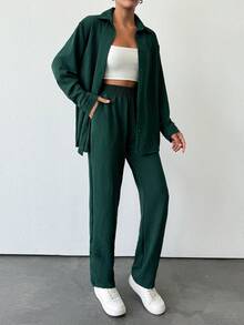 EURMUSE 2pcs Women Solid Color Long Sleeve Blouse & Wide Leg Drawstring Pants Set - Dark Green - View 3