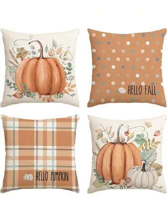 4 件套南瓜装饰抱枕套，适合秋季感恩节收获，橙色