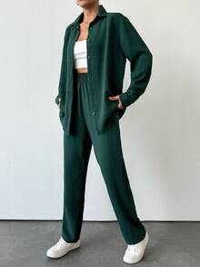 EURMUSE 2pcs Women Solid Color Long Sleeve Blouse & Wide Leg Drawstring Pants Set - Dark Green - View 4