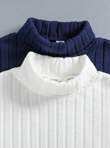 SHEIN 2pcs Tween Boy Letter Applique Detail High Neck Ribbed Long Sleeve T-Shirt, Suitable For Autumn Wear And Layering Chic Outfits For Autumn/Winter - Multicolor - View 3