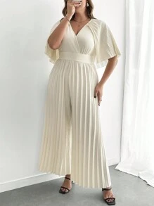Celure Plus Size V-Neck Collared Foldover Jumpsuit With Long Sleeves