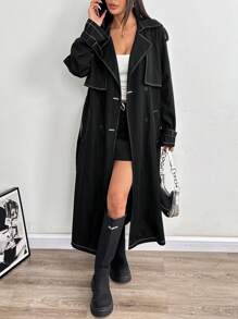 SHEIN EZwear Black Double Breasted Belted Trench Coat Autumn Winter Clothes For Women - Black - View 4
