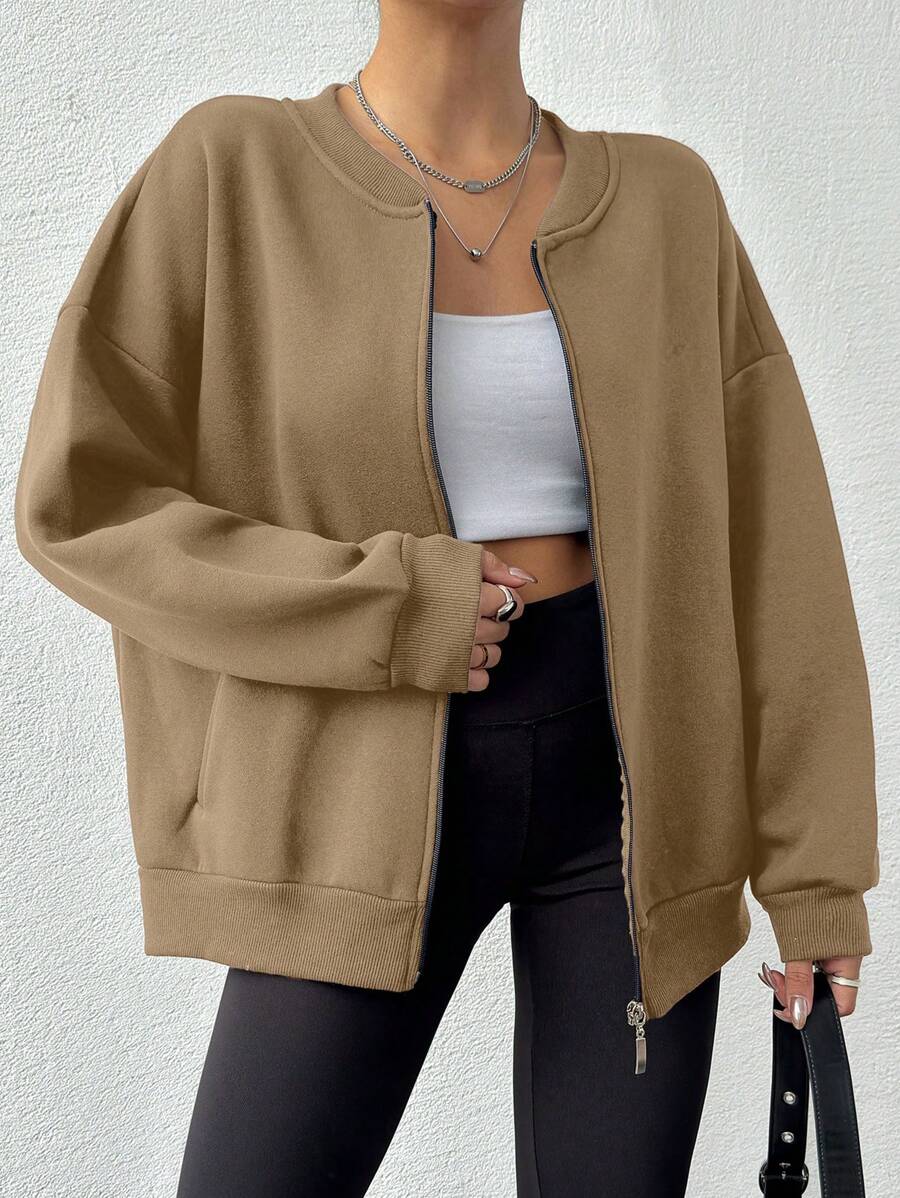 EURMUSE Cotton Women's Loose Fit Drop Shoulder Crew Neck Sweatshirt, Solid Color - Beige - View 1
