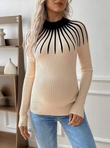 SHEIN Pull côtelé à col montant bicolore pour femme enceinte, pour l'hiver - Nude - Voir 4