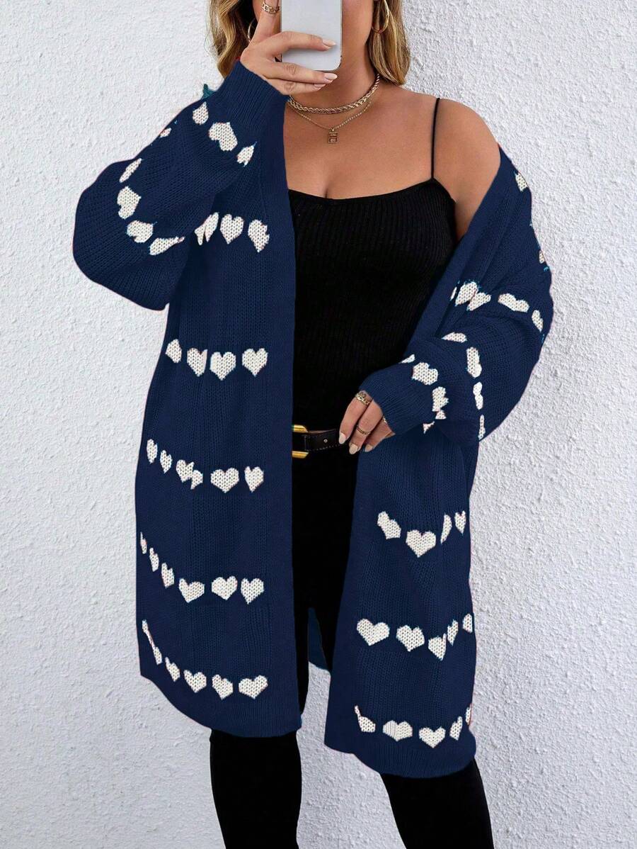 Calvaya Plus Size Heart Pattern Casual Cardigan For Autumn And Winter - Blue - View 1