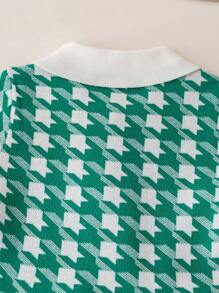 SHEIN 年轻女孩秋季服装：绿色格子中长款毛衣裙时尚长袖荷叶边下摆针织连衣裙女童