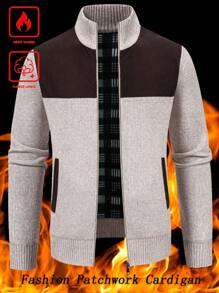 Manfinity Mode 男士新款针织开衫毛衣，外出休闲厚实开衫，撞色拼接设计，送给丈夫、男友的礼物，适合秋冬季节，长袖上衣 - 彩色 - 查看 4