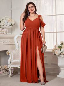 UNITHORSE 大码女士露肩短袖雪纺婚纱，优雅礼服，生日礼服，毕业礼服，正式礼服，伴娘礼服，婚礼春季派对礼服 - 亮橙色 - 查看 6