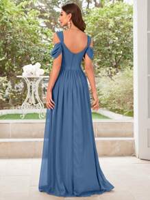 UNITHORSE Open Shoulder Ruffle Side Slit Hem Elegant Bridesmaid Chiffon Dress - Dusty Blue - View 2