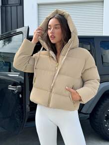 EURMUSE BEIGE HIGH QUALITY FABRIC WOMEN WINTER COAT WITH GOLD ZIPPER DETAIL - Beige - View 5