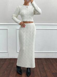 EURMUSE 2pcs/Set Sweater Knitted Skirt Set, Women Autumn - White - View 3