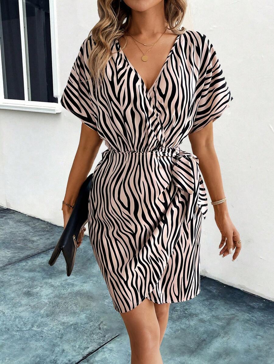 EMERY ROSE Zebra Striped Batwing Sleeve Knot Side Wrap Dress - Khaki - View 1