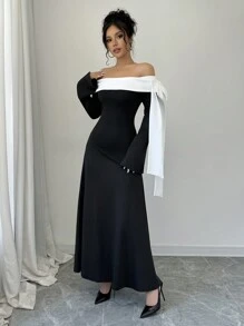 Rafferiza 女士优雅蝴蝶结装饰长袖黑白连衣裙长款女装 - 黑與白 - 查看 5