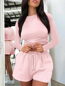 Ensemble deux pièces femme, Top de sport manches longues et short décontracté - Rose bonbon - Voir 4