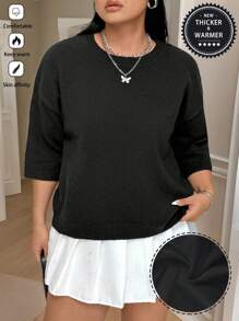 Calvaya Suéter holgado de cuello redondo, de manga corta y tejido para mujer de talla grande, adecuado para otoño/invierno