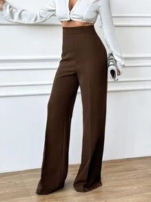 EURMUSE Plus Size Women's Casual Solid High Waist Straight Leg Pants Brown Pants Wide Leg Pants - Chocolate Brown - View 6