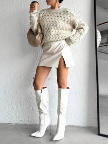 EURMUSE Suéter tipo pullover de mujer con cuello redondo, detalles de calado y textura suave - Beis - Ver 4