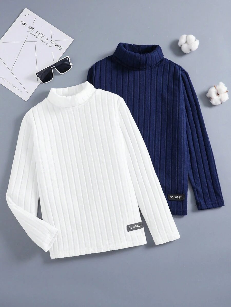 SHEIN 2pcs Tween Boy Letter Applique Detail High Neck Ribbed Long Sleeve T-Shirt, Suitable For Autumn Wear And Layering Chic Outfits For Autumn/Winter - Multicolor - View 1